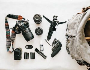 Camera bag with camera and gear for travel.