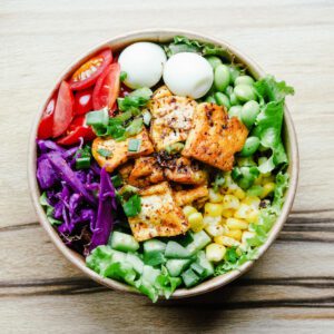Bowl of healthy protein, vegetables and fiber.