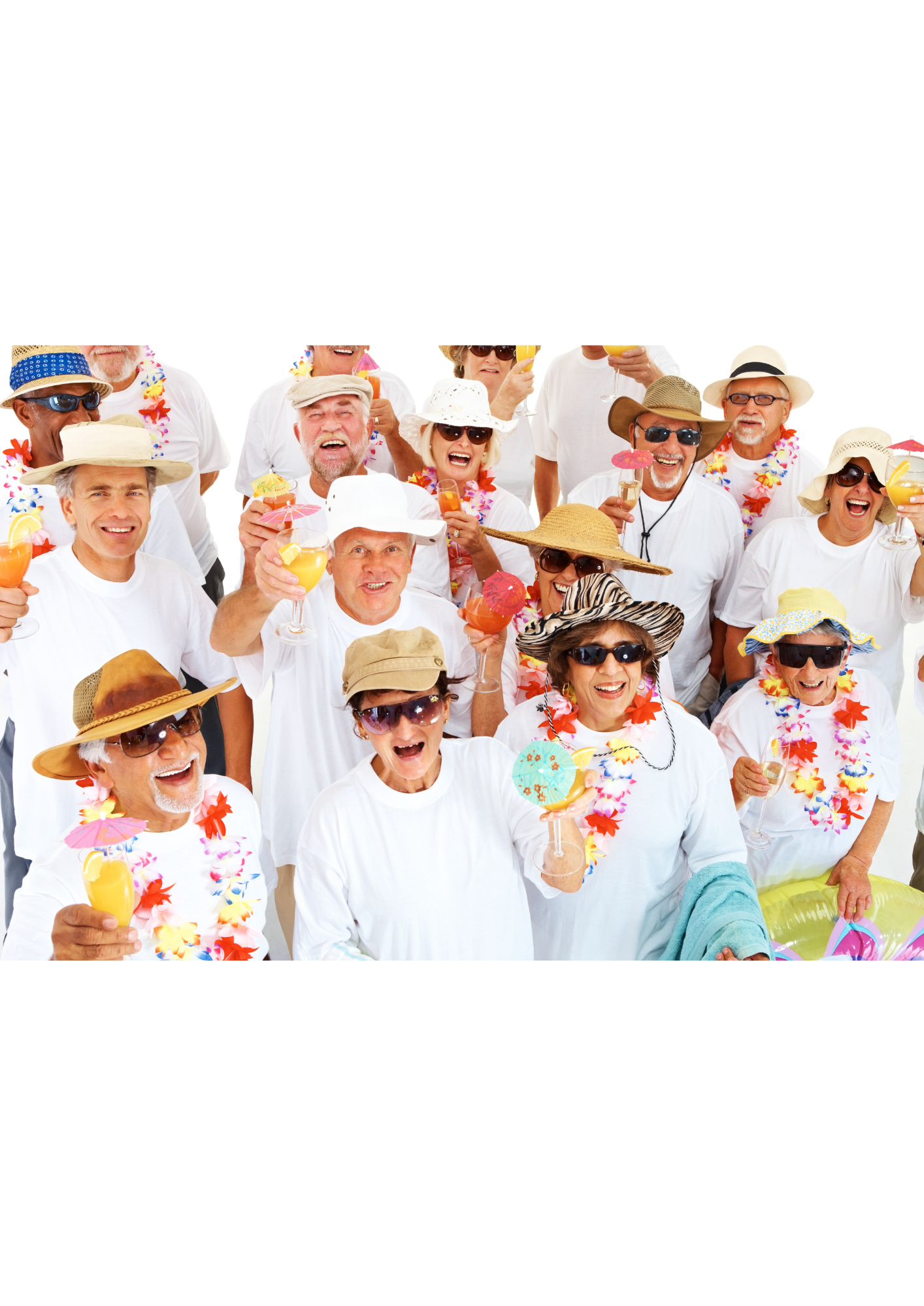 Happy senior citizens with straw hats and leis toasting the viewer.