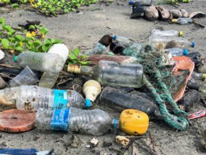 Plastic and glass bottles washed up on the beach