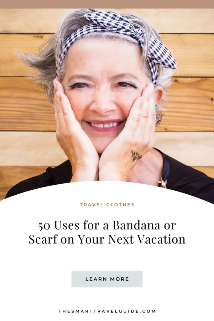 Pinterest Pin showing a woman wearing a bandana as a headband for a pin on 50 uses for a bandana or scarf on vacation
