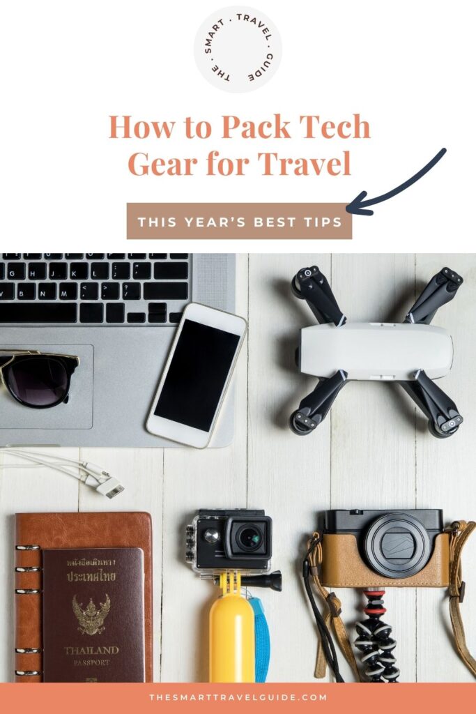 Pinterest Pin showing cameras, drones, laptop, etc. for a post on how to pack them for travel