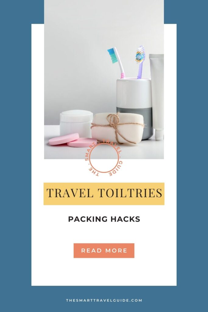 Pinterest Pin showing toiletries for a post on how to pack toiletries for travel
