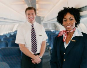 Two flight attendants welcoming passengers onboard.